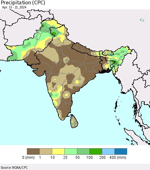 Southern Asia Precipitation (CPC) Thematic Map For 4/15/2024 - 4/21/2024