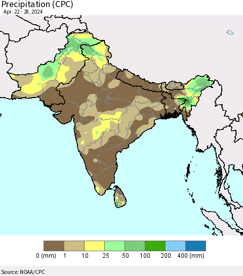 Southern Asia Precipitation (CPC) Thematic Map For 4/22/2024 - 4/28/2024