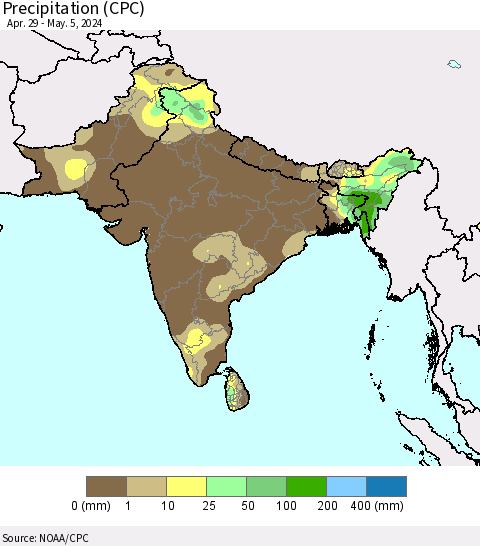 Southern Asia Precipitation (CPC) Thematic Map For 4/29/2024 - 5/5/2024