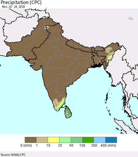 Southern Asia Precipitation (CPC) Thematic Map For 11/18/2024 - 11/24/2024