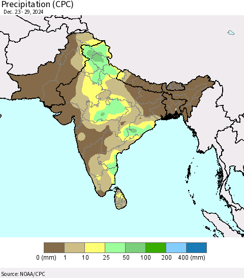 Southern Asia Precipitation (CPC) Thematic Map For 12/23/2024 - 12/29/2024