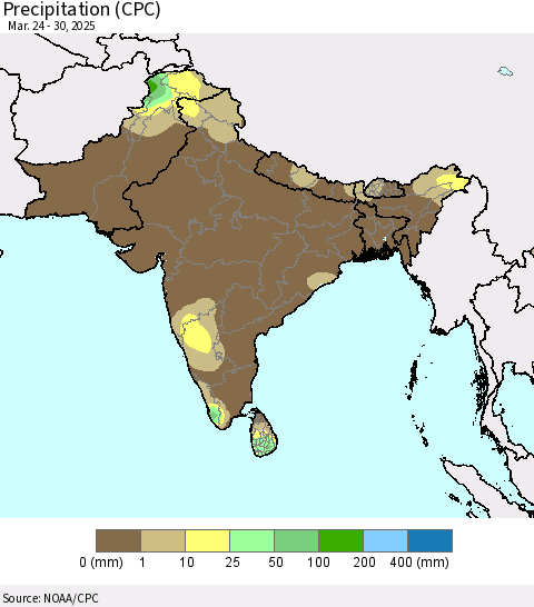 Southern Asia Precipitation (CPC) Thematic Map For 3/24/2025 - 3/30/2025