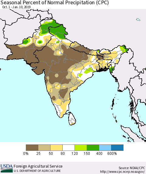 Southern Asia Seasonal Percent of Normal Precipitation (CPC) Thematic Map For 10/1/2018 - 1/10/2019