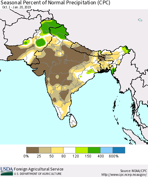 Southern Asia Seasonal Percent of Normal Precipitation (CPC) Thematic Map For 10/1/2018 - 1/20/2019