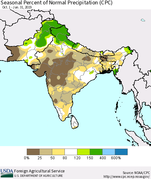 Southern Asia Seasonal Percent of Normal Precipitation (CPC) Thematic Map For 10/1/2018 - 1/31/2019