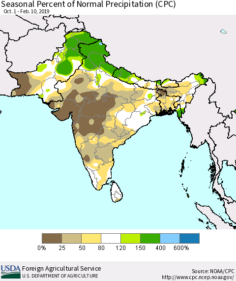 Southern Asia Seasonal Percent of Normal Precipitation (CPC) Thematic Map For 10/1/2018 - 2/10/2019