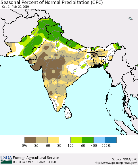 Southern Asia Seasonal Percent of Normal Precipitation (CPC) Thematic Map For 10/1/2018 - 2/20/2019