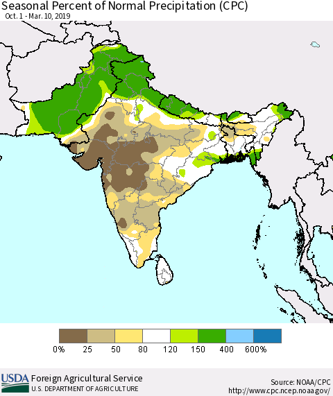 Southern Asia Seasonal Percent of Normal Precipitation (CPC) Thematic Map For 10/1/2018 - 3/10/2019