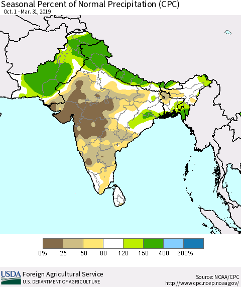 Southern Asia Seasonal Percent of Normal Precipitation (CPC) Thematic Map For 10/1/2018 - 3/31/2019