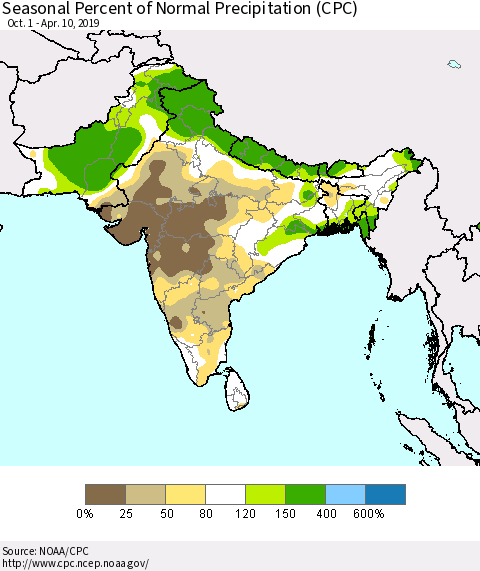 Southern Asia Seasonal Percent of Normal Precipitation (CPC) Thematic Map For 10/1/2018 - 4/10/2019