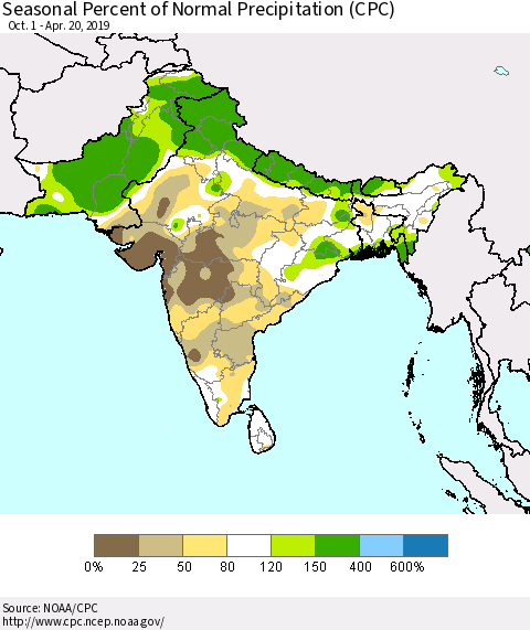 Southern Asia Seasonal Percent of Normal Precipitation (CPC) Thematic Map For 10/1/2018 - 4/20/2019