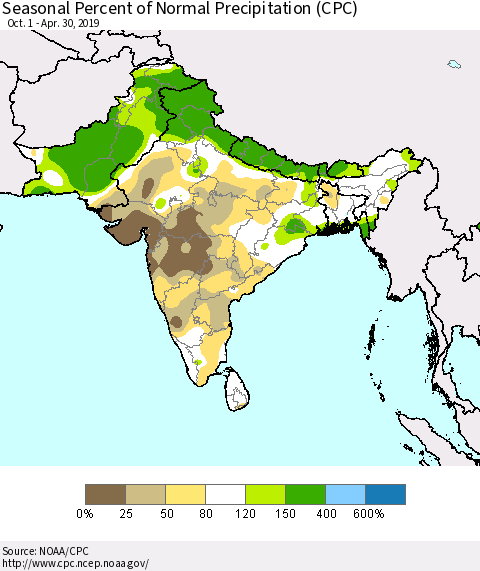 Southern Asia Seasonal Percent of Normal Precipitation (CPC) Thematic Map For 10/1/2018 - 4/30/2019