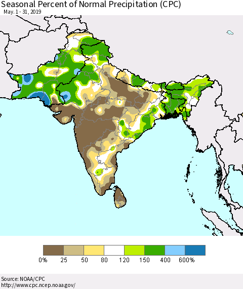 Southern Asia Seasonal Percent of Normal Precipitation (CPC) Thematic Map For 5/1/2019 - 5/31/2019