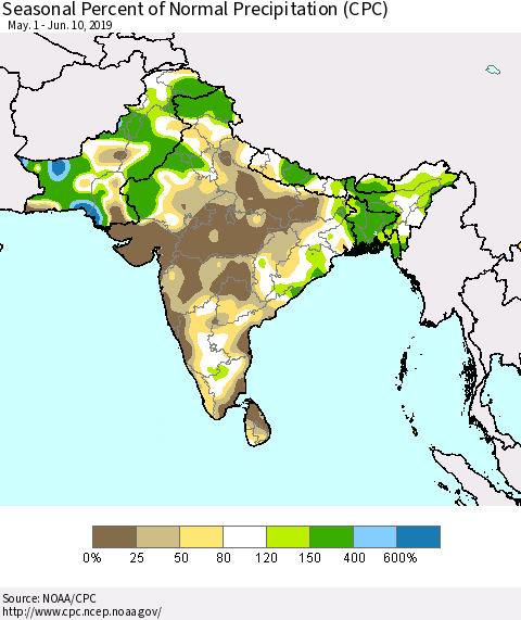 Southern Asia Seasonal Percent of Normal Precipitation (CPC) Thematic Map For 5/1/2019 - 6/10/2019