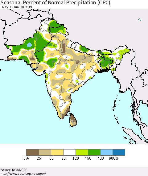 Southern Asia Seasonal Percent of Normal Precipitation (CPC) Thematic Map For 5/1/2019 - 6/30/2019