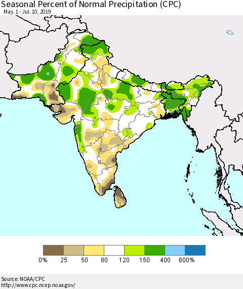 Southern Asia Seasonal Percent of Normal Precipitation (CPC) Thematic Map For 5/1/2019 - 7/10/2019