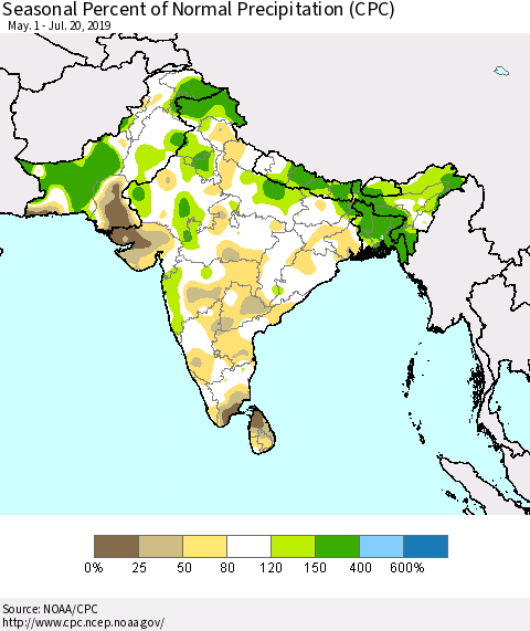Southern Asia Seasonal Percent of Normal Precipitation (CPC) Thematic Map For 5/1/2019 - 7/20/2019