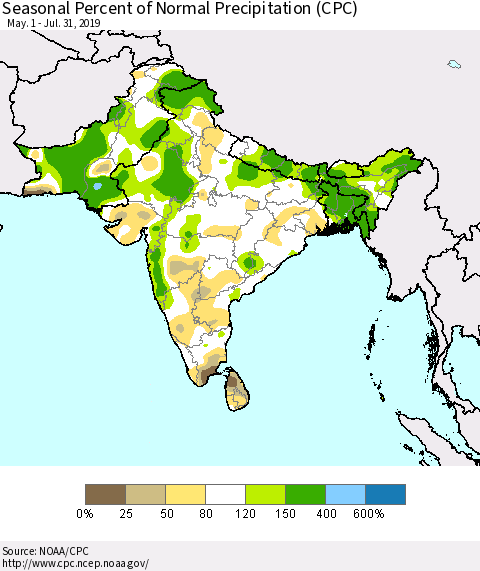 Southern Asia Seasonal Percent of Normal Precipitation (CPC) Thematic Map For 5/1/2019 - 7/31/2019