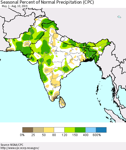 Southern Asia Seasonal Percent of Normal Precipitation (CPC) Thematic Map For 5/1/2019 - 8/10/2019