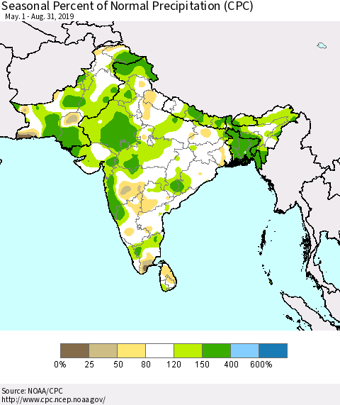 Southern Asia Seasonal Percent of Normal Precipitation (CPC) Thematic Map For 5/1/2019 - 8/31/2019