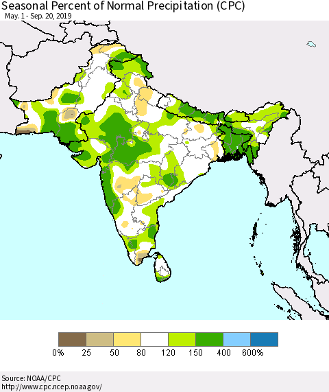 Southern Asia Seasonal Percent of Normal Precipitation (CPC) Thematic Map For 5/1/2019 - 9/20/2019