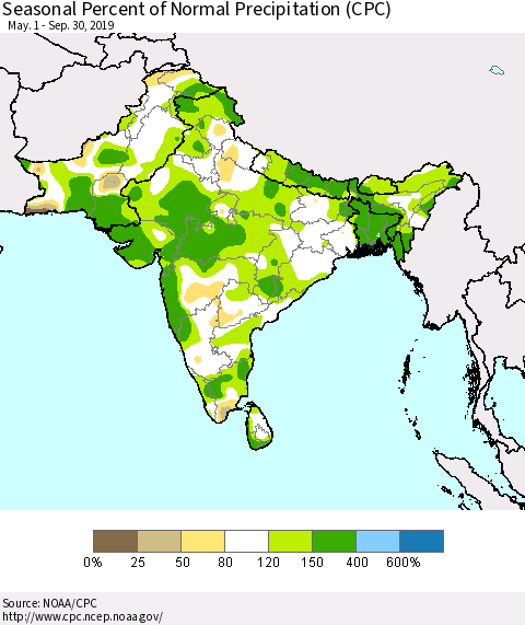 Southern Asia Seasonal Percent of Normal Precipitation (CPC) Thematic Map For 5/1/2019 - 9/30/2019