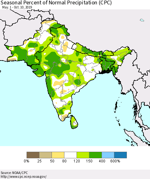 Southern Asia Seasonal Percent of Normal Precipitation (CPC) Thematic Map For 5/1/2019 - 10/10/2019