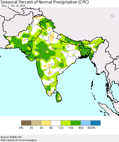 Southern Asia Seasonal Percent of Normal Precipitation (CPC) Thematic Map For 5/1/2019 - 10/20/2019