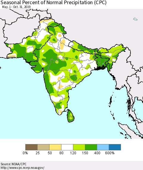 Southern Asia Seasonal Percent of Normal Precipitation (CPC) Thematic Map For 5/1/2019 - 10/31/2019