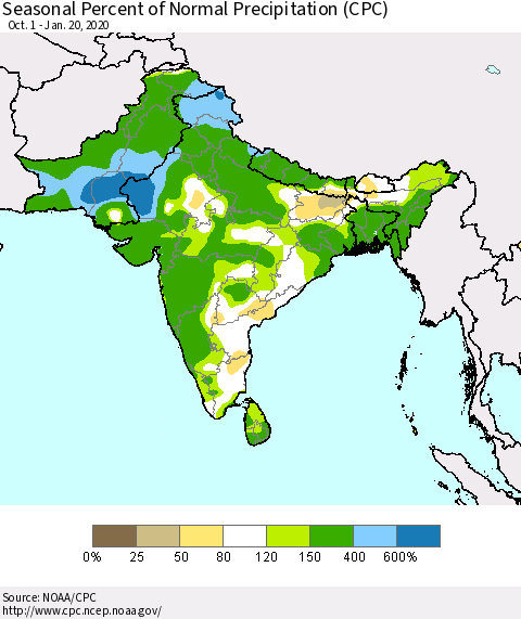 Southern Asia Seasonal Percent of Normal Precipitation (CPC) Thematic Map For 10/1/2019 - 1/20/2020