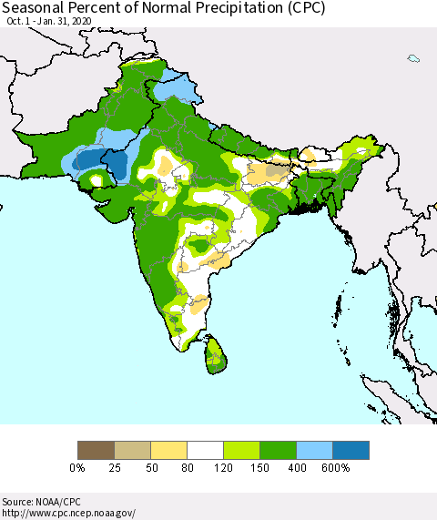 Southern Asia Seasonal Percent of Normal Precipitation (CPC) Thematic Map For 10/1/2019 - 1/31/2020