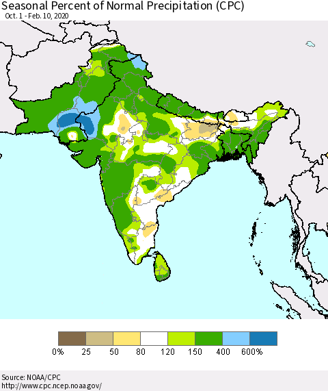 Southern Asia Seasonal Percent of Normal Precipitation (CPC) Thematic Map For 10/1/2019 - 2/10/2020