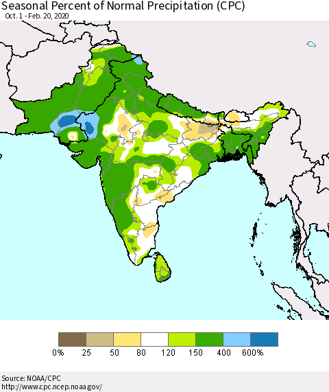 Southern Asia Seasonal Percent of Normal Precipitation (CPC) Thematic Map For 10/1/2019 - 2/20/2020