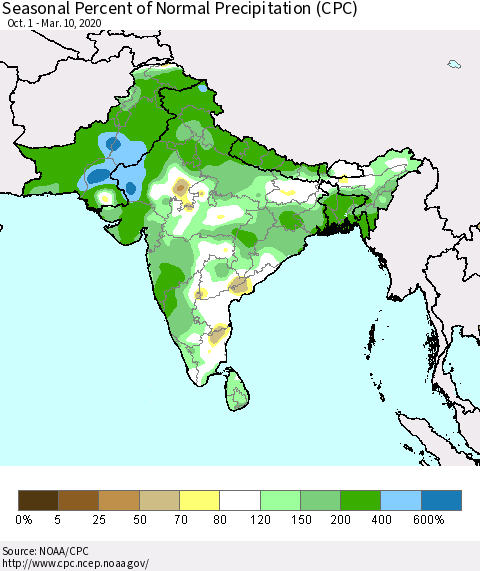 Southern Asia Seasonal Percent of Normal Precipitation (CPC) Thematic Map For 10/1/2019 - 3/10/2020