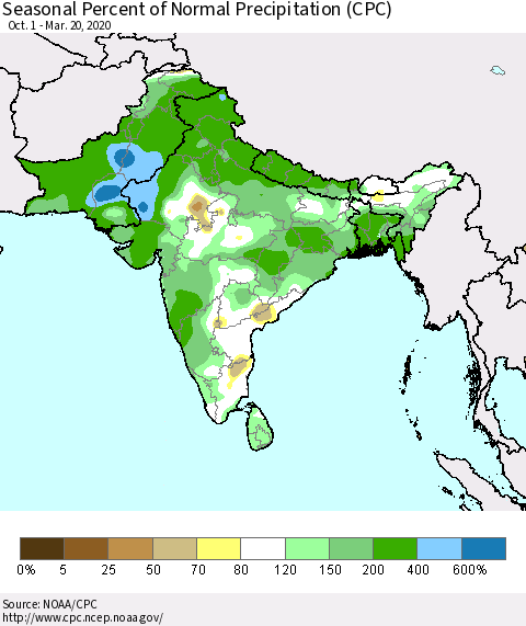 Southern Asia Seasonal Percent of Normal Precipitation (CPC) Thematic Map For 10/1/2019 - 3/20/2020