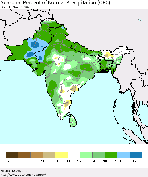 Southern Asia Seasonal Percent of Normal Precipitation (CPC) Thematic Map For 10/1/2019 - 3/31/2020