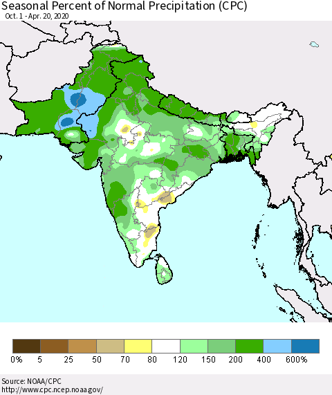 Southern Asia Seasonal Percent of Normal Precipitation (CPC) Thematic Map For 10/1/2019 - 4/20/2020
