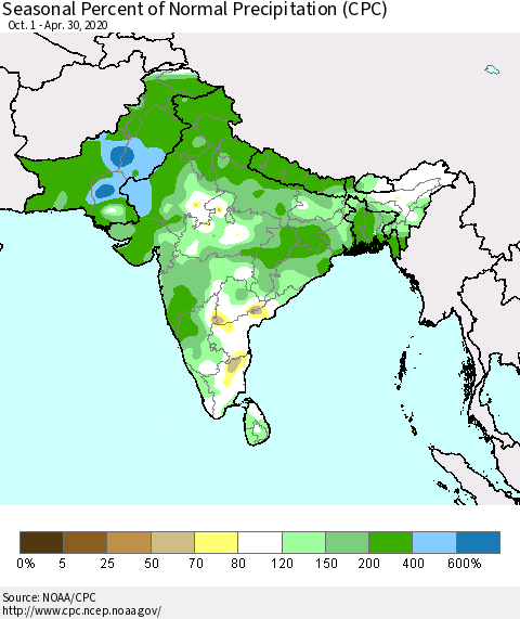Southern Asia Seasonal Percent of Normal Precipitation (CPC) Thematic Map For 10/1/2019 - 4/30/2020