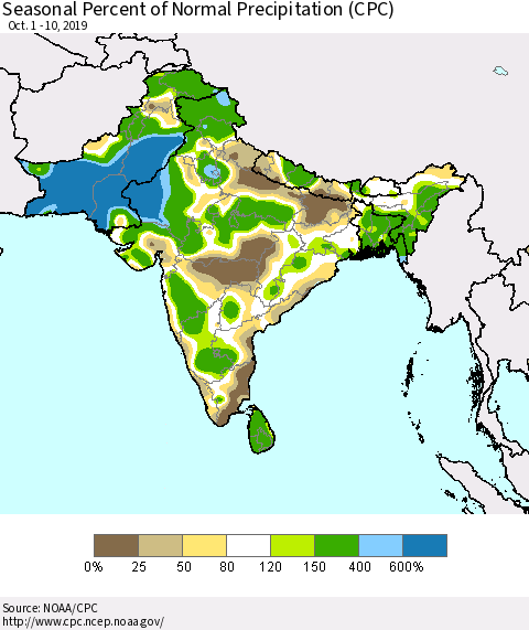 Southern Asia Seasonal Percent of Normal Precipitation (CPC) Thematic Map For 10/1/2019 - 10/10/2019