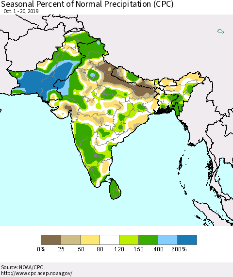 Southern Asia Seasonal Percent of Normal Precipitation (CPC) Thematic Map For 10/1/2019 - 10/20/2019