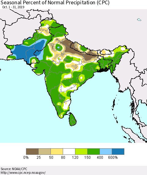 Southern Asia Seasonal Percent of Normal Precipitation (CPC) Thematic Map For 10/1/2019 - 10/31/2019