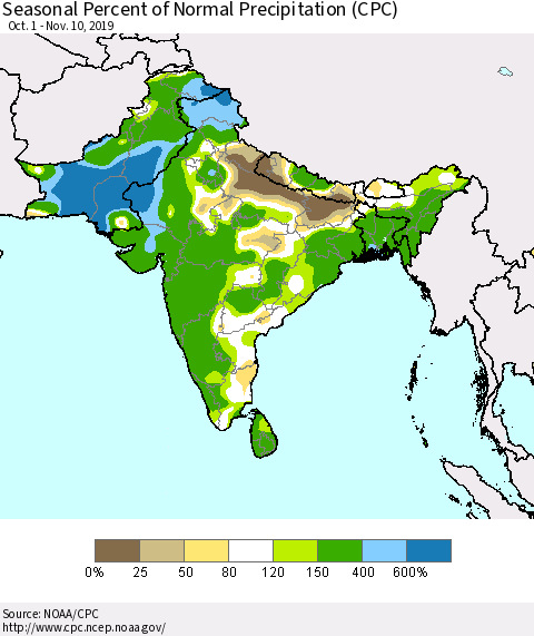 Southern Asia Seasonal Percent of Normal Precipitation (CPC) Thematic Map For 10/1/2019 - 11/10/2019