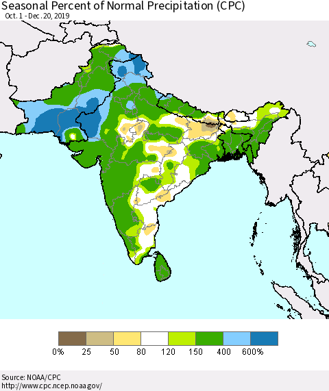 Southern Asia Seasonal Percent of Normal Precipitation (CPC) Thematic Map For 10/1/2019 - 12/20/2019