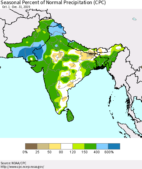 Southern Asia Seasonal Percent of Normal Precipitation (CPC) Thematic Map For 10/1/2019 - 12/31/2019
