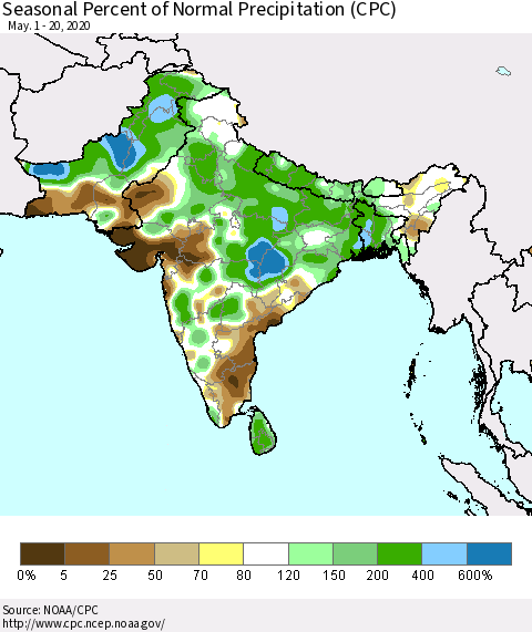 Southern Asia Seasonal Percent of Normal Precipitation (CPC) Thematic Map For 5/1/2020 - 5/20/2020
