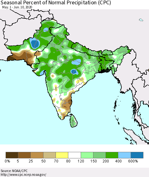 Southern Asia Seasonal Percent of Normal Precipitation (CPC) Thematic Map For 5/1/2020 - 6/10/2020
