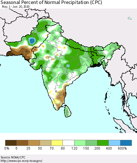 Southern Asia Seasonal Percent of Normal Precipitation (CPC) Thematic Map For 5/1/2020 - 6/20/2020