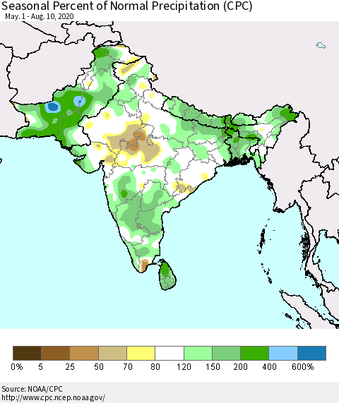 Southern Asia Seasonal Percent of Normal Precipitation (CPC) Thematic Map For 5/1/2020 - 8/10/2020