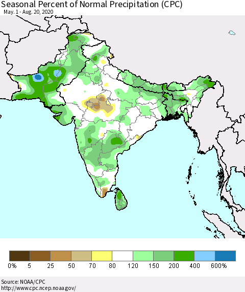 Southern Asia Seasonal Percent of Normal Precipitation (CPC) Thematic Map For 5/1/2020 - 8/20/2020