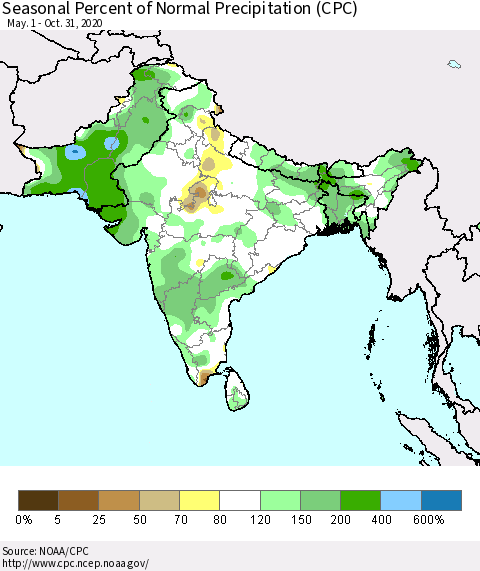 Southern Asia Seasonal Percent of Normal Precipitation (CPC) Thematic Map For 5/1/2020 - 10/31/2020